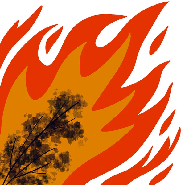 森林被火焰包裹着 是森林中的火光的象征 在森林大火中焚烧森林小精灵 自然灾难概念说明背景 海报危险 小心森林火灾 — 图库照片