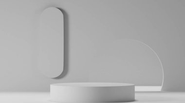 Ekran için beyaz silindir kaidesi veya podyum, ürün gösterimi için 3D görüntüleme sahnesi, en düşük duruş.