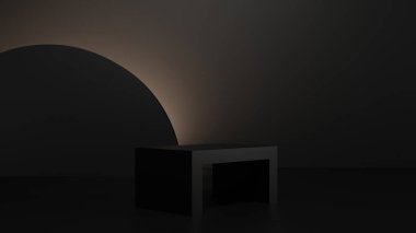 Koyu, boş, arka planı aydınlık, minimalist, boş podyum tezgahı var. 3B görüntüleme