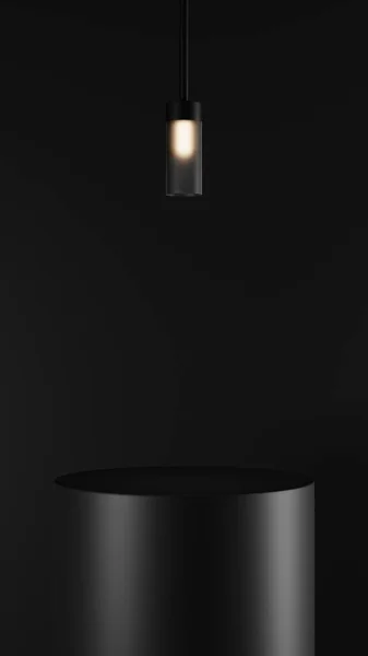 black minimalist cylinder podium with led pendant lamp, portrait dark pedestal for product display