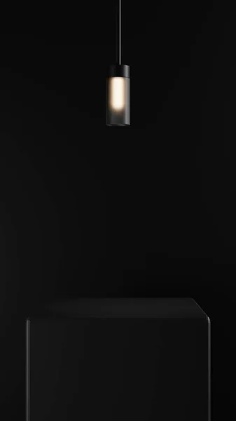 Pódio Minimalista Preto Cubo Com Lâmpada Pingente Conduzida Pedestal Escuro — Fotografia de Stock