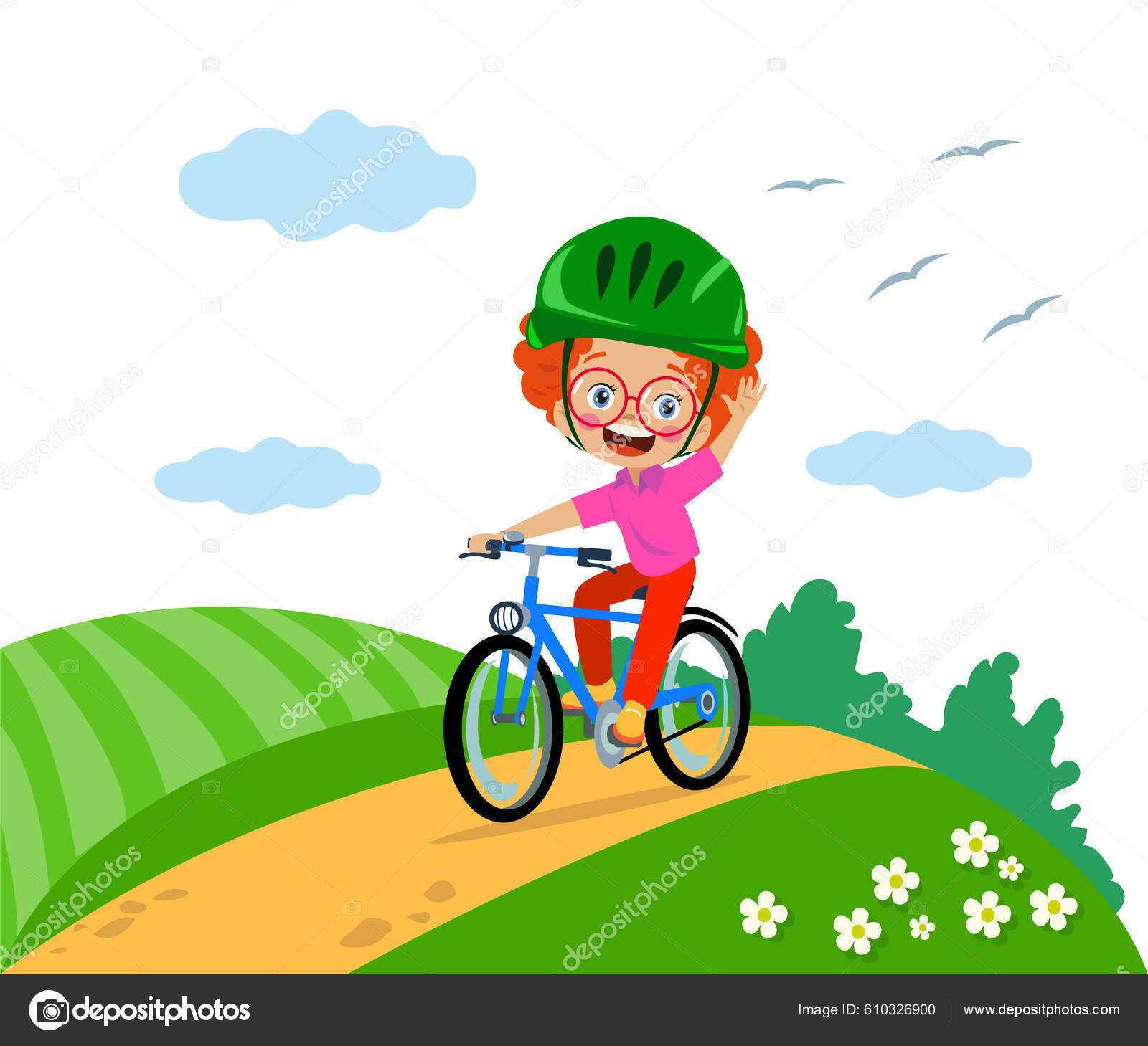 Lindo Chico Montando Una Bicicleta Aire Libre Bosque Vector de