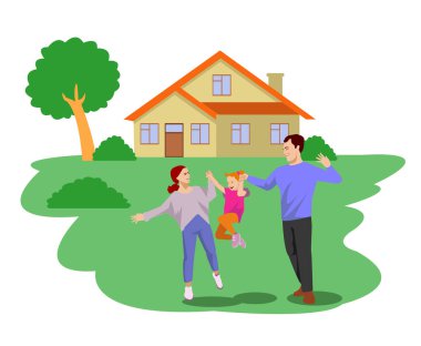 Ev bahçesi ve mutlu aile.