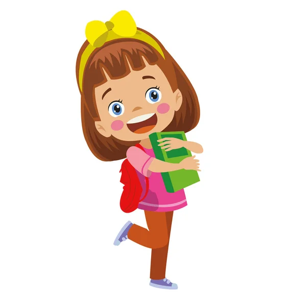Schattig Meisje Kind Klaar Voor School Met Boek Haar Tas — Stockvector