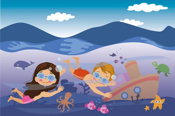 Подводные Затонувшие Морские Рыбы Милые Дети Плавают — стоковый вектор