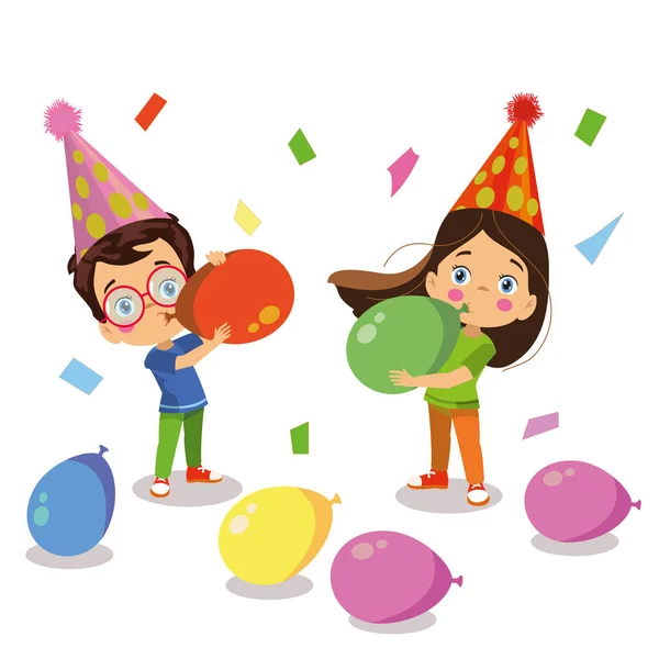 Aniversário Preparações Bonito Crianças Soprando Balões — Vetor de Stock
