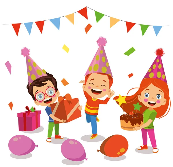 Geburtstagsparty Geburtstagstorte Und Niedliche Kinder — Stockvektor