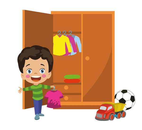 Netter Junge Räumt Sein Zimmer Und Räumt Seinen Kleiderschrank Auf — Stockvektor