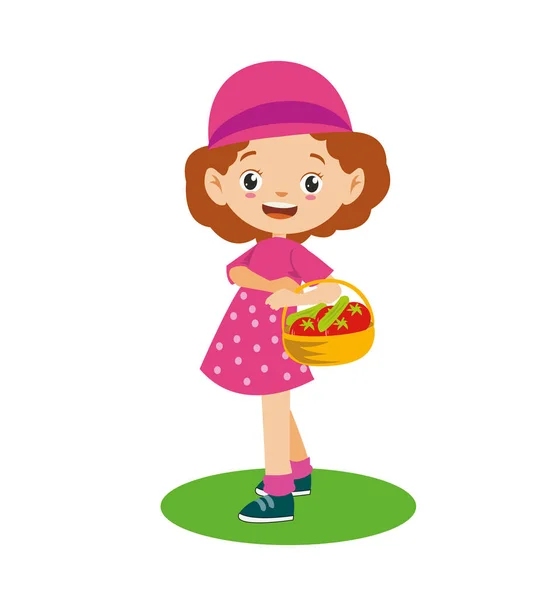 Χαριτωμένο Κοριτσάκι Κουβαλάει Ένα Καλάθι Ντομάτες — Διανυσματικό Αρχείο
