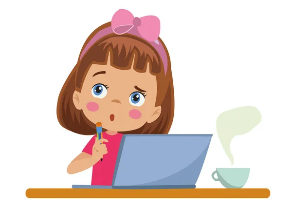 Thoughtful Cute Girl Studying Computer — Stock Vector