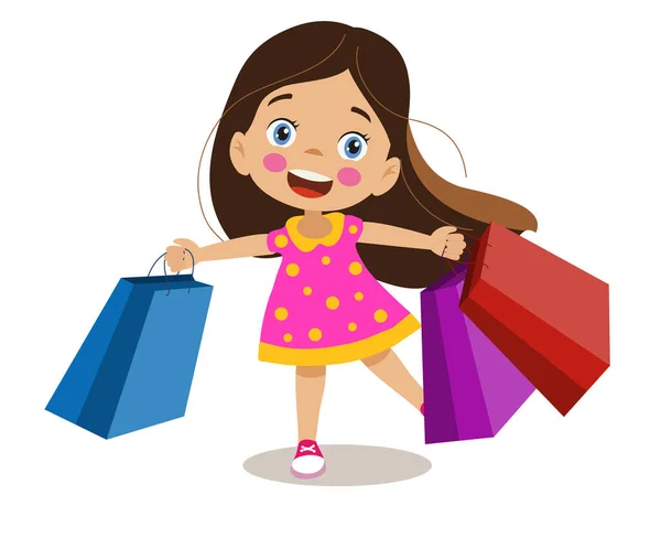 Nettes Mädchen Legt Einkaufstüten Den Warenkorb Niedliche Zeichnung Cartoon Stil — Stockvektor