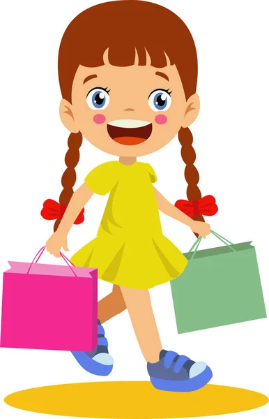 Linda Chica Está Poniendo Bolsas Compra Carrito Compra Dibujo Lindo — Vector de stock