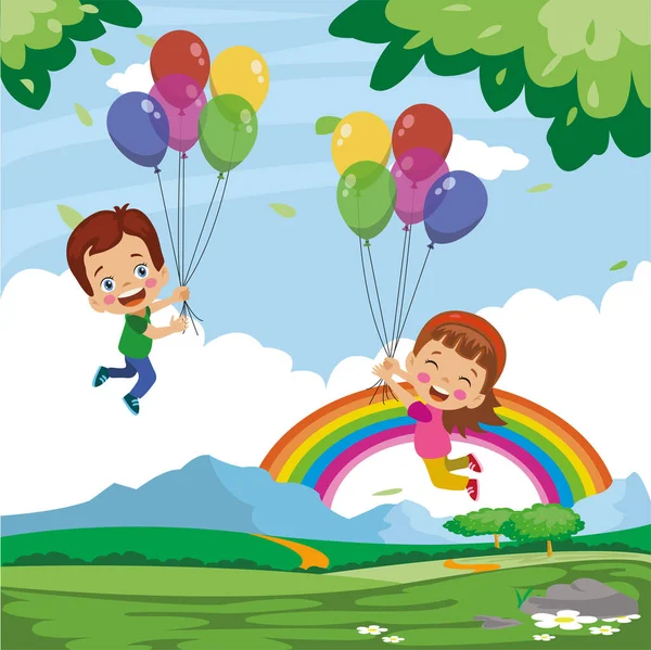 Happy Kids Flying Balloons Forest Countryside — Stock Vector