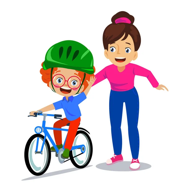 Mãe Ensinando Seu Filho Bonito Para Andar Bicicleta —  Vetores de Stock