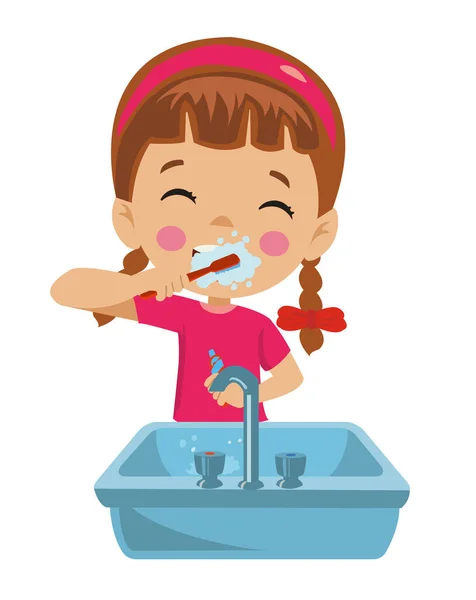Cute Happy Girl Brushing His Teeth — Stock Vector