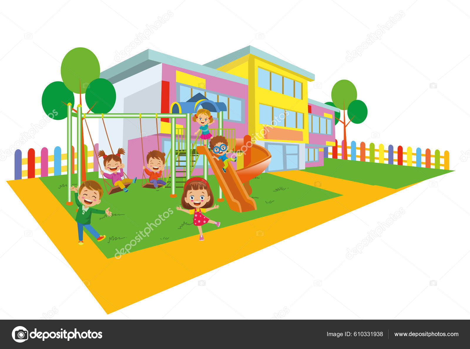 Feliz Lindo Niños Jugando Patio Escuela Playgroundn Vector de stock  #610331938 de ©Veyselcelikdemir, image size:1600x1188