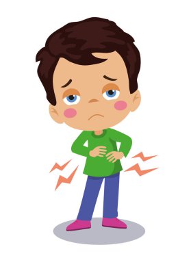 Hasta, karnı ağrıyan üzgün bir çocuk.