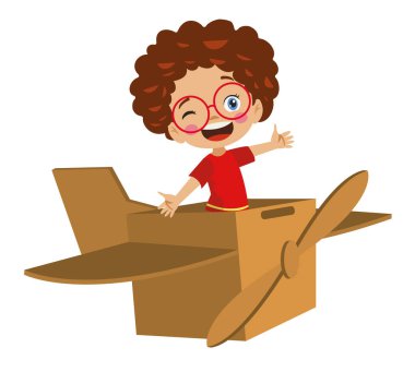 Çocuklar karton kutulardan yapılmış oyuncak bir uçakla oynarken eğleniyorlar.