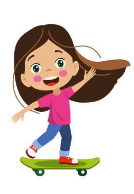 Tatlı ve mutlu kız kaykay yapıyor.