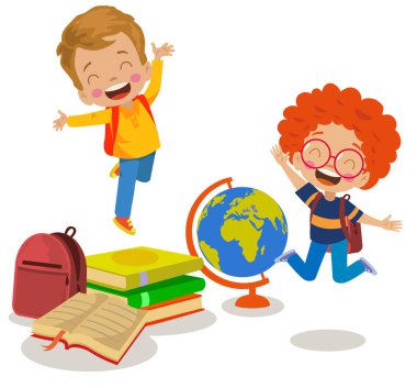Okul çanını kitap ve dünya haritasıyla tutan sevimli öğrenciler.