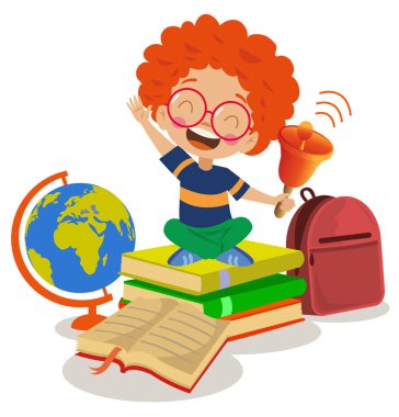 Okul çanını elinde kitap ve dünya haritasıyla tutan sevimli bir öğrenci.