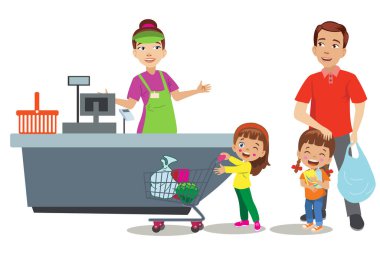 Yakışıklı çocuk marketten alışveriş yapıyor ve babası kasada para ödüyor.