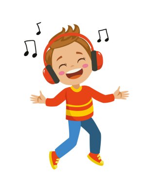 Yüz ifadeleri müzik dinleyen mutlu çocuk.