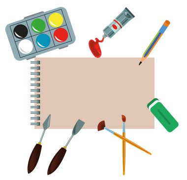 Sanat stüdyosu çizim aletleri ve malzemeler seti. Palet boya fırçası kalem yağı boya suluboya kağıt