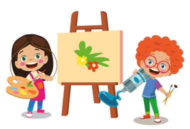 Güzel ressam ve kız yağlı boya sıkıyor.