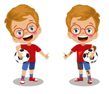 Pis, temiz karşılaştırma. Futbol oynayan yaramaz çocuk.