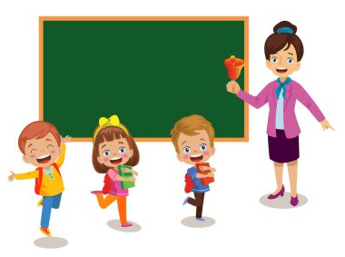 Zili çalan ve sınıfa giden öğretmen.