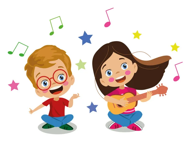 かわいい幸せな子供たちはギターと歌を演奏して楽しんでいます — ストックベクタ