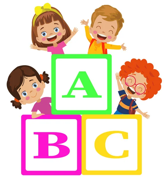 Buchstabenwürfel Und Niedliche Kinder Lernen Buchstaben — Stockvektor