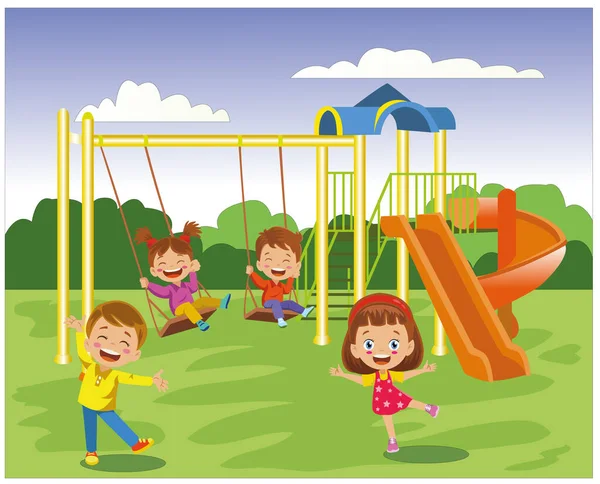 Feliz Lindo Niños Jugando Patio Escuela Playgroundn — Vector de stock