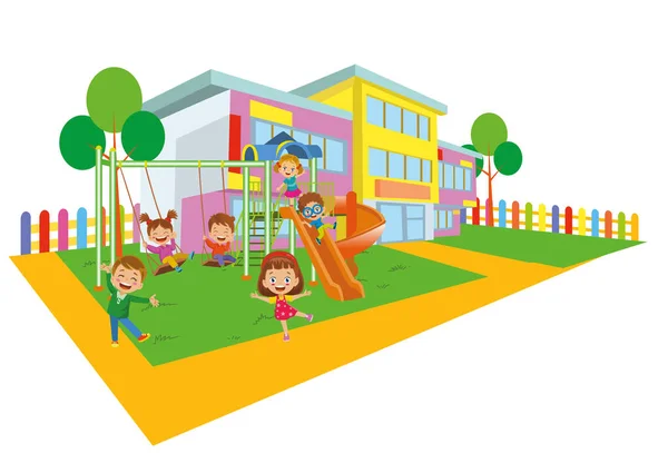 ハッピーかわいい子供たちは遊び場の学校の庭で遊んで — ストックベクタ
