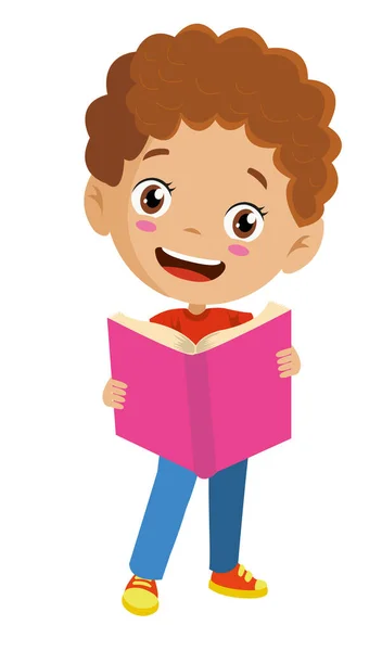 Χαρούμενος Και Χαριτωμένος Μαθητής Αγόρι Διαβάζοντας Ένα Βιβλίο — Διανυσματικό Αρχείο