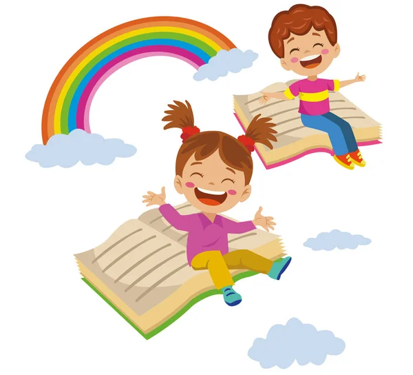 Gelukkige Kinderen Vliegen Naar Wolken Boeken Regenboog — Stockvector