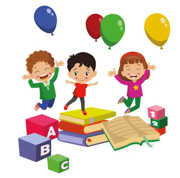 書籍キューブ風船教室と幸せな子供たち — ストックベクタ