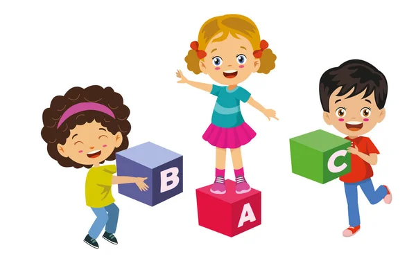 Children Playing Letter Cubes Classroom Learning Letters — Stock Vector