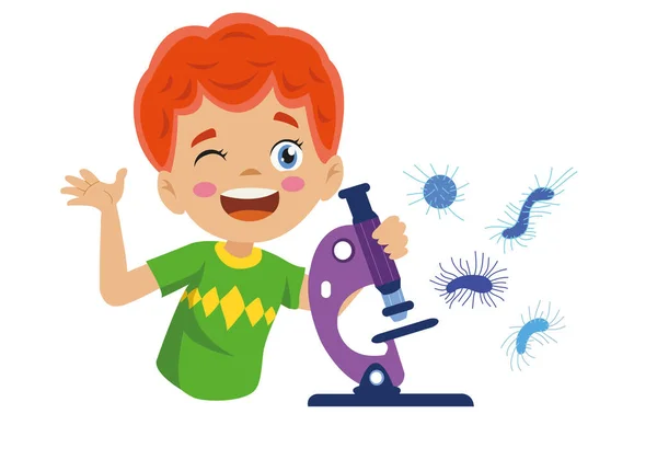 Pojke Undersöka Mikrober Med Ett Mikroskop — Stock vektor