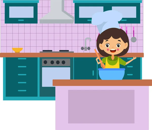 キッチンでおいしい料理を作るかわいい女の子 — ストックベクタ