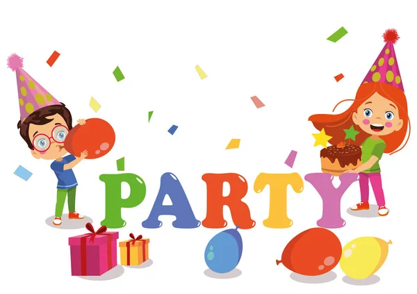 happy kids with birthday party party lettering background
