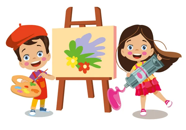 可爱的画家男孩和女孩挤油漆画 — 图库矢量图片