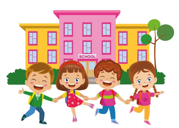 Crianças Felizes Indo Para Escola Segurando Mãos —  Vetores de Stock