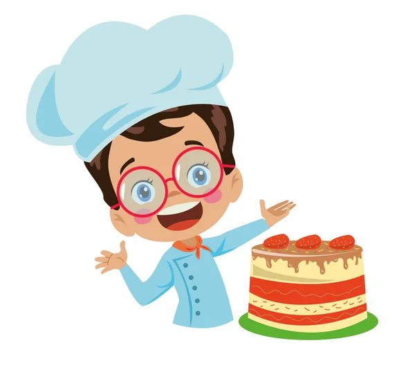 Carino Piccolo Cuoco Ragazzo Making Fragola Compleanno Torta — Vettoriale Stock