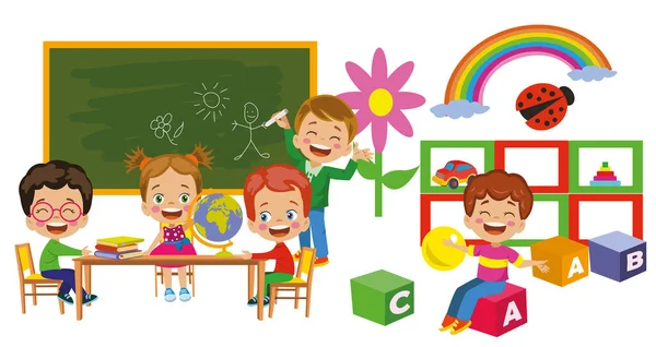 学校の教室で勉強する幸せなかわいい子供たち — ストックベクタ