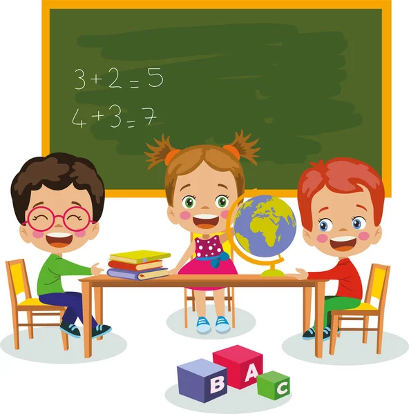 学校の教室で勉強する世界地図を勉強するかわいい子供たち — ストックベクタ