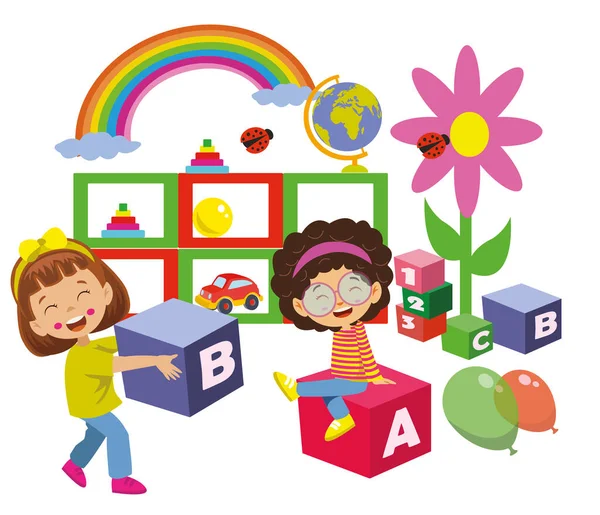 Imparare Lettere Bambini Che Trasportano Cubi Lettera Classe — Vettoriale Stock