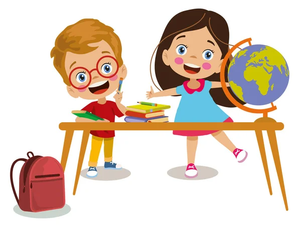 Nette Schüler Unterricht Mit Ihren Taschen Und Büchern Schreibtisch — Stockvektor