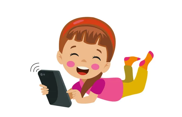 幸せなかわいい女の子は彼のスマートフォンで遊んで横になって — ストックベクタ